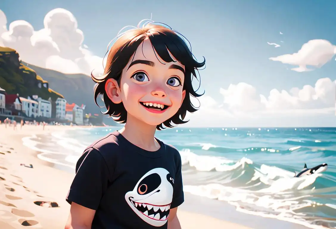 A joyful child with a big smile, wearing a striped t-shirt, nautical theme, coastal beach scenery..