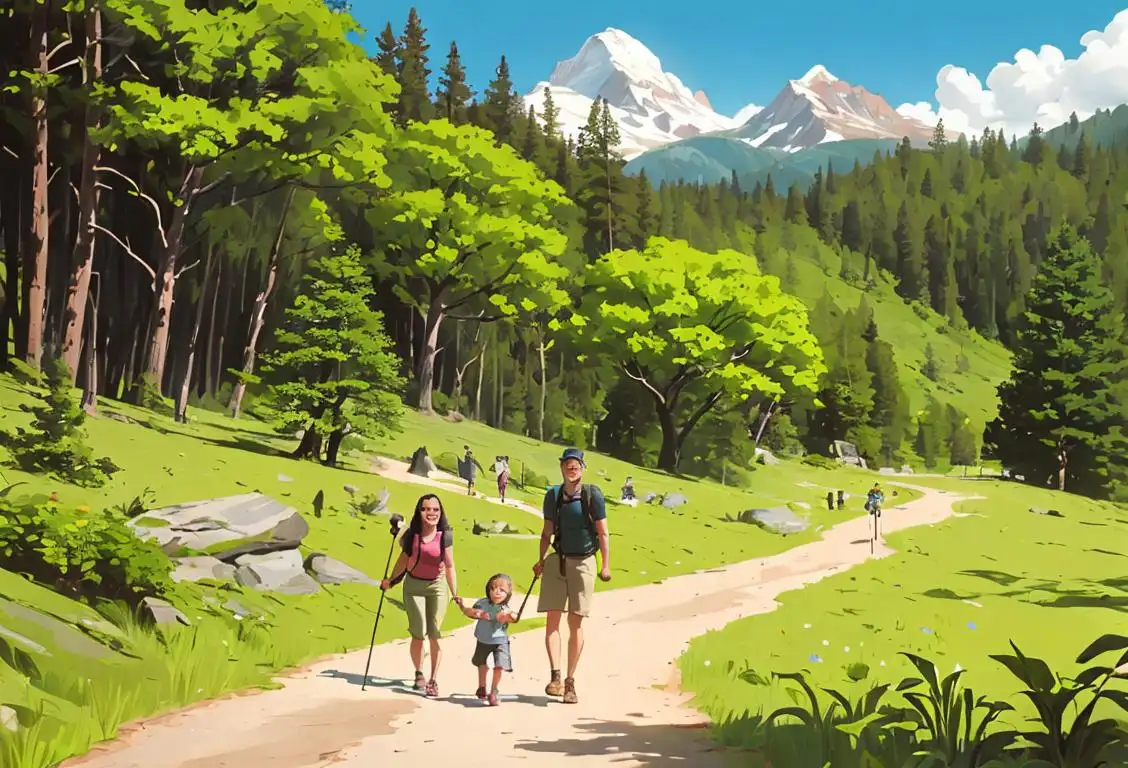 A family enjoying a hike in a national park, wearing outdoor gear, surrounded by lush greenery and breathtaking scenery..