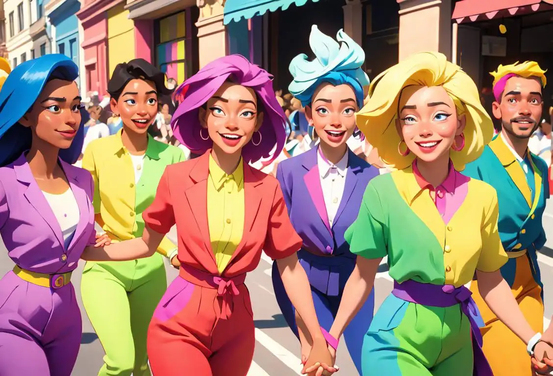 A diverse group of people, wearing colorful outfits, holding hands, and smiling in a vibrant street parade..