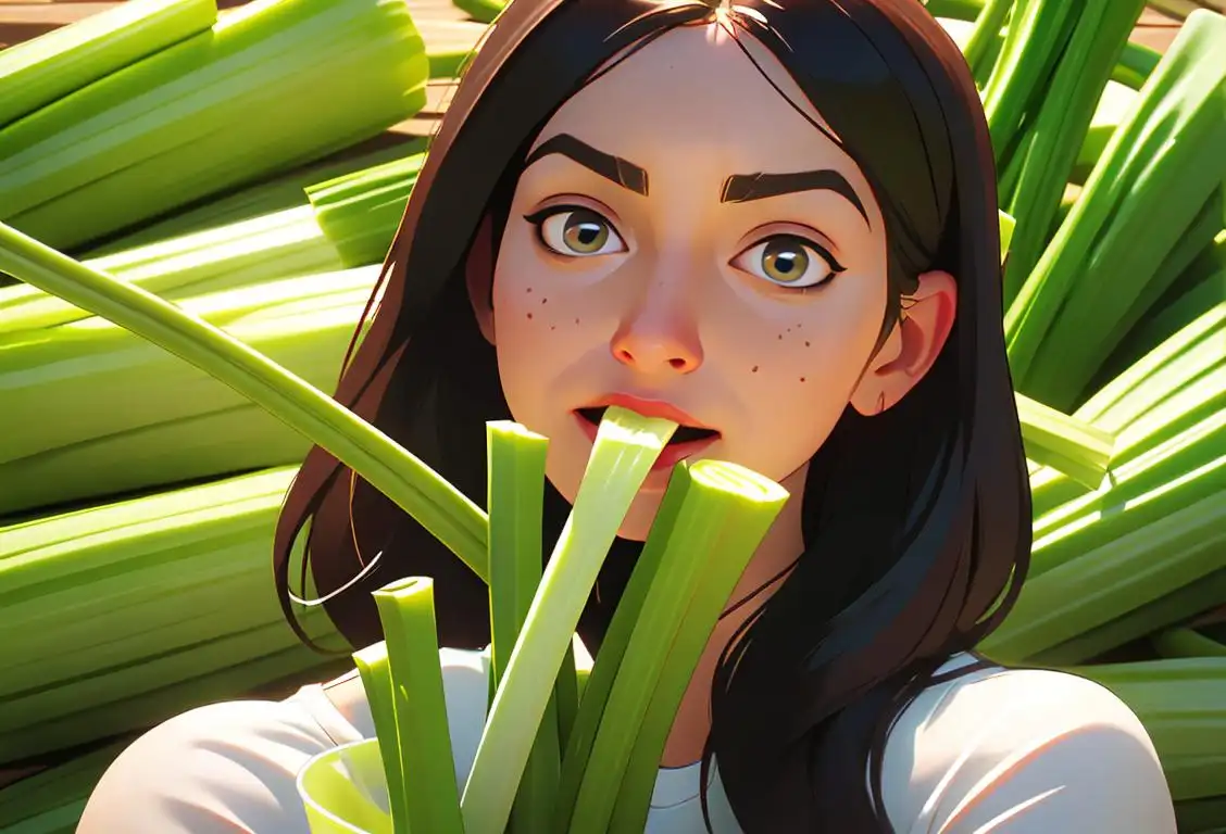 Young woman eating celery sticks with a blissful expression, wearing a fitness outfit, surrounded by lush greenery and a vibrant farmers market..