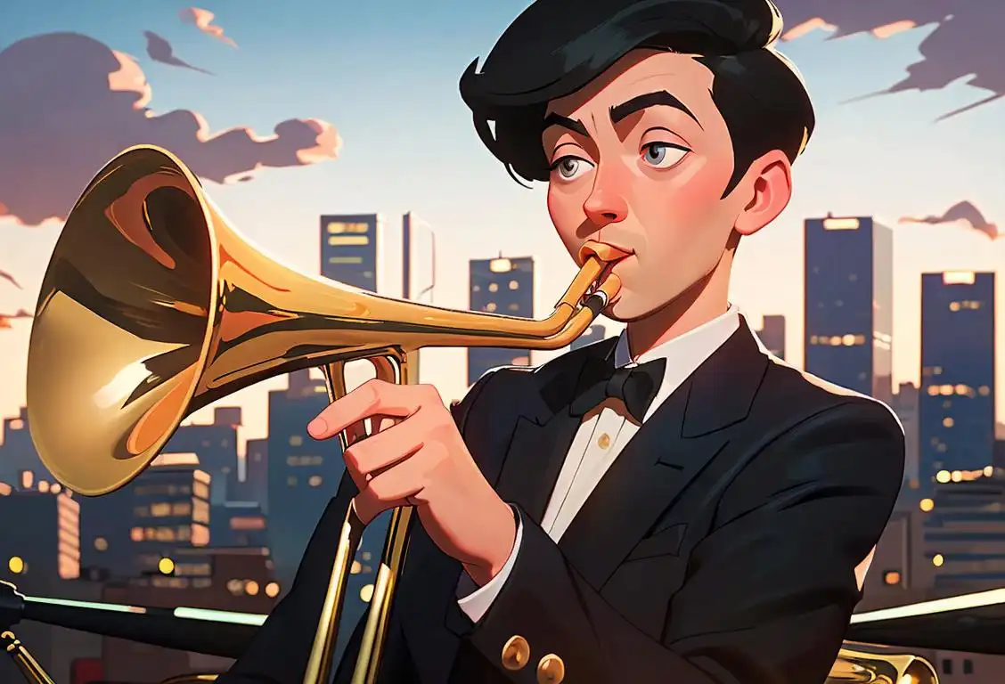 Trombone player in a sharp suit, playing in a lively jazz band, against a vibrant city skyline..