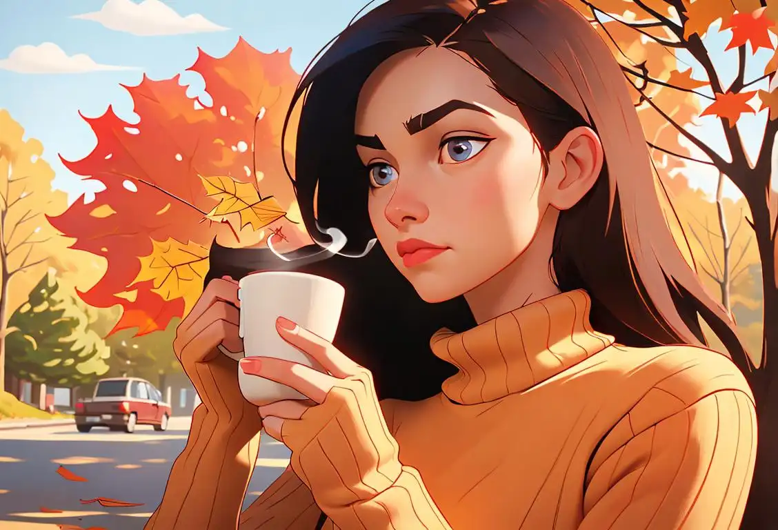 Young woman sipping a bitter cup of coffee, wearing a cozy sweater, autumn leaves in the background..