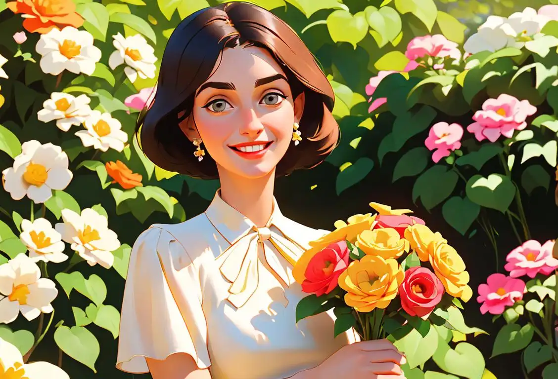 A smiling woman named Claudia wearing a vintage-style dress, holding a bouquet of flowers in a beautiful garden setting..