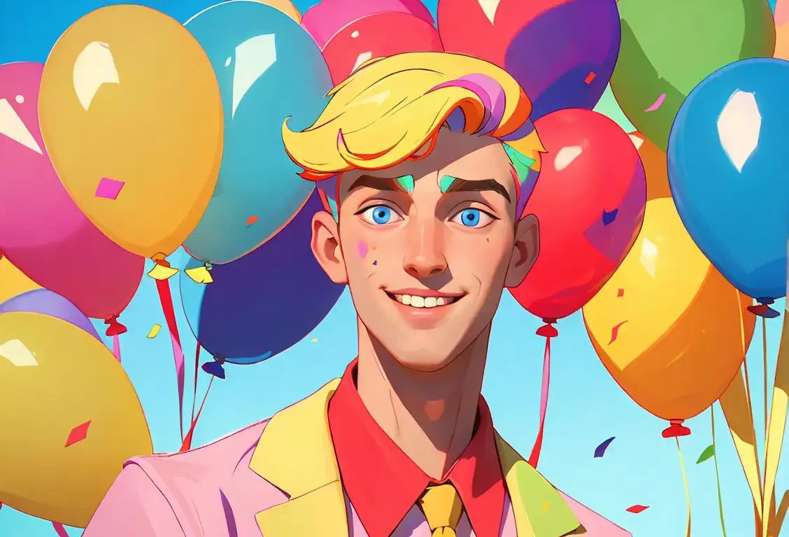 A cheerful person named Cody, dressed in trendy clothes, surrounded by colorful confetti and balloons..