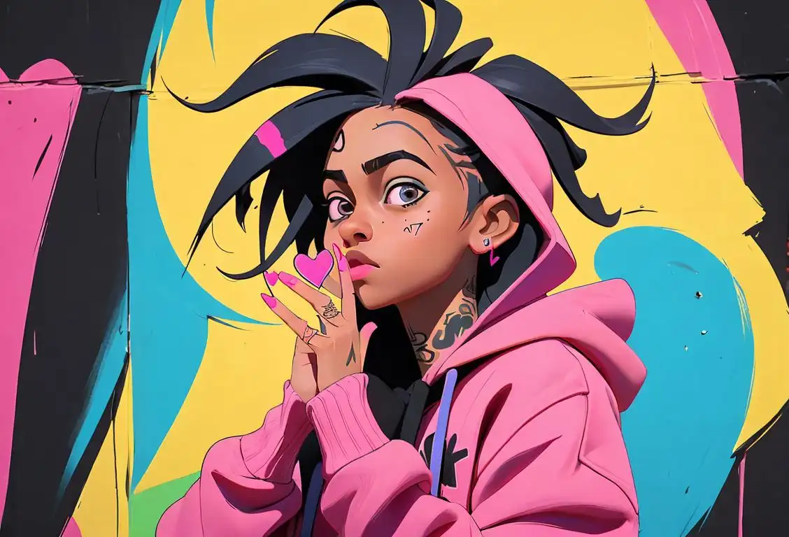 Young woman with colorful hair, wearing a hoodie, urban street art backdrop, expressing love for xxxtentacion through a hand-drawn heart symbol..