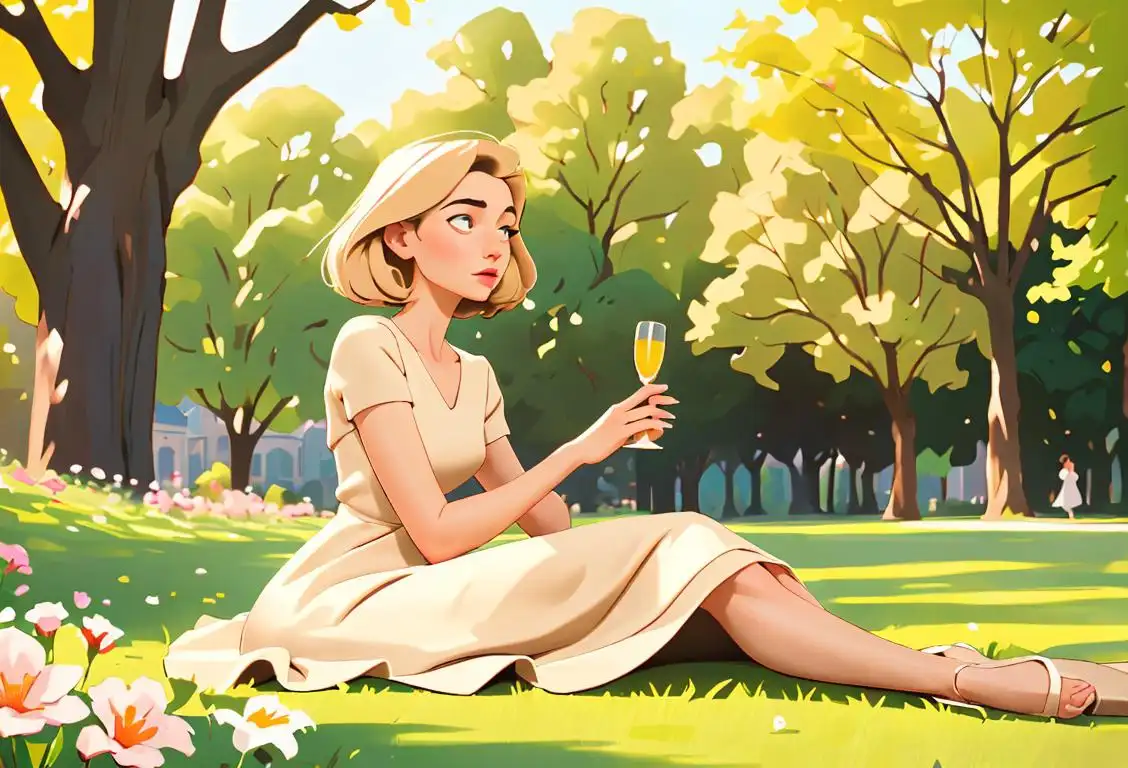 Young woman wearing a chic beige dress, enjoying a picnic in a serene park, surrounded by subtle beige decor and flowers..