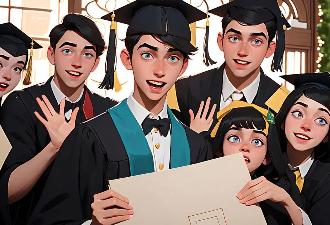 Young man wearing graduation cap and gown, excitedly holding college acceptance letter, surrounded by friends and family in a festive setting..