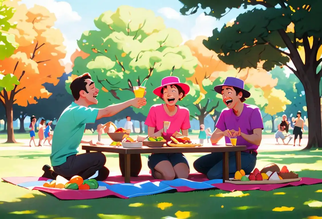 A group of diverse people named Mike, laughing and enjoying a picnic in a park, wearing different colored shirts and hats..