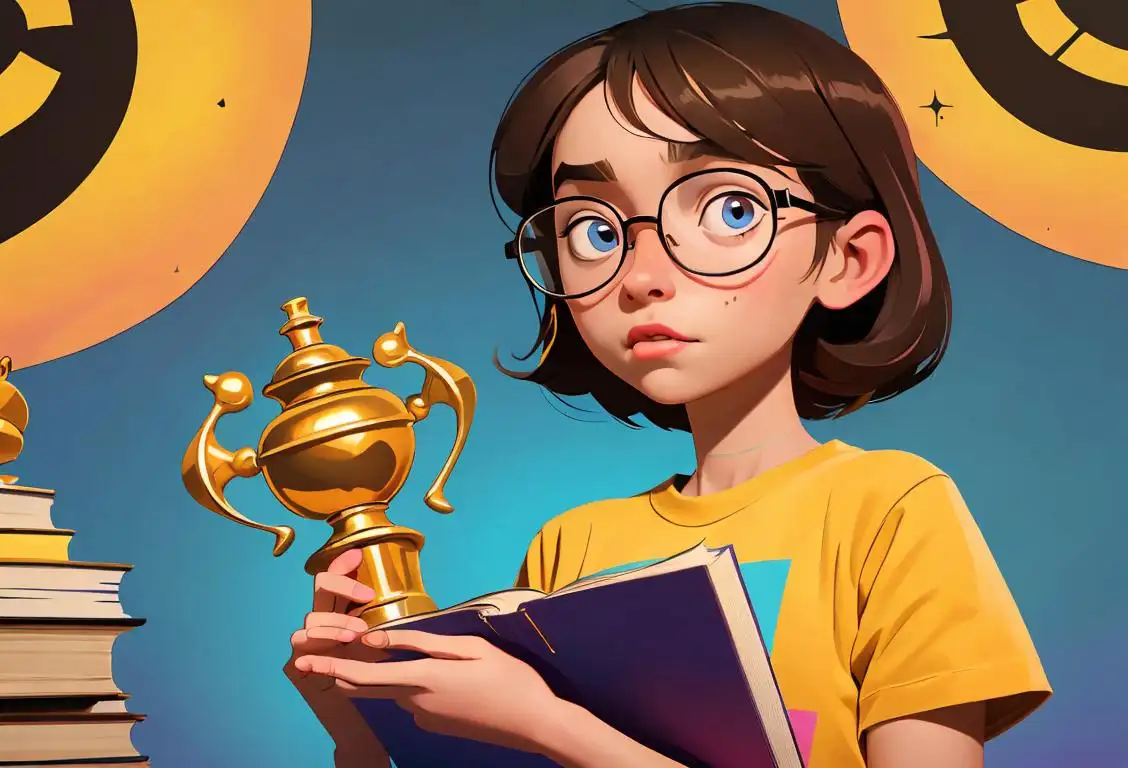 Young girl holding a giant spelling bee trophy, wearing nerdy glasses and colorful spelling-themed t-shirt, surrounded by stacks of spelling books..
