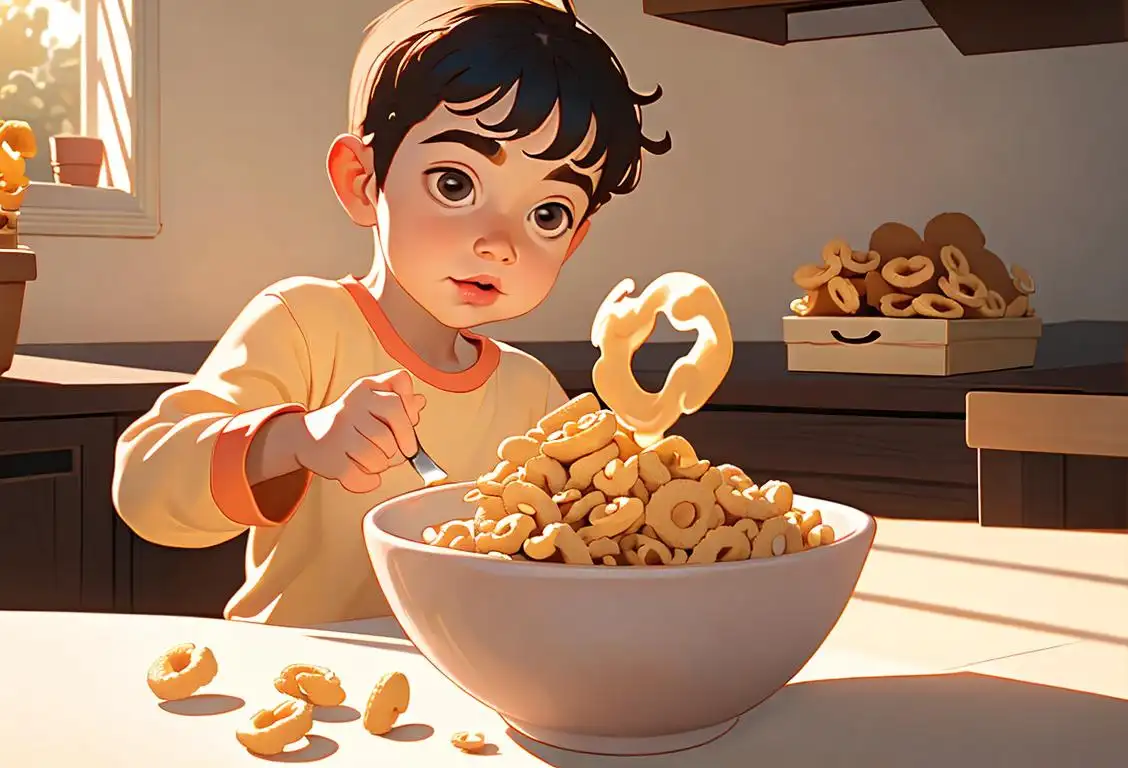 Young child pouring Cheerios into a bowl, wearing pajamas, cozy home setting, surrounded by morning sunlight..