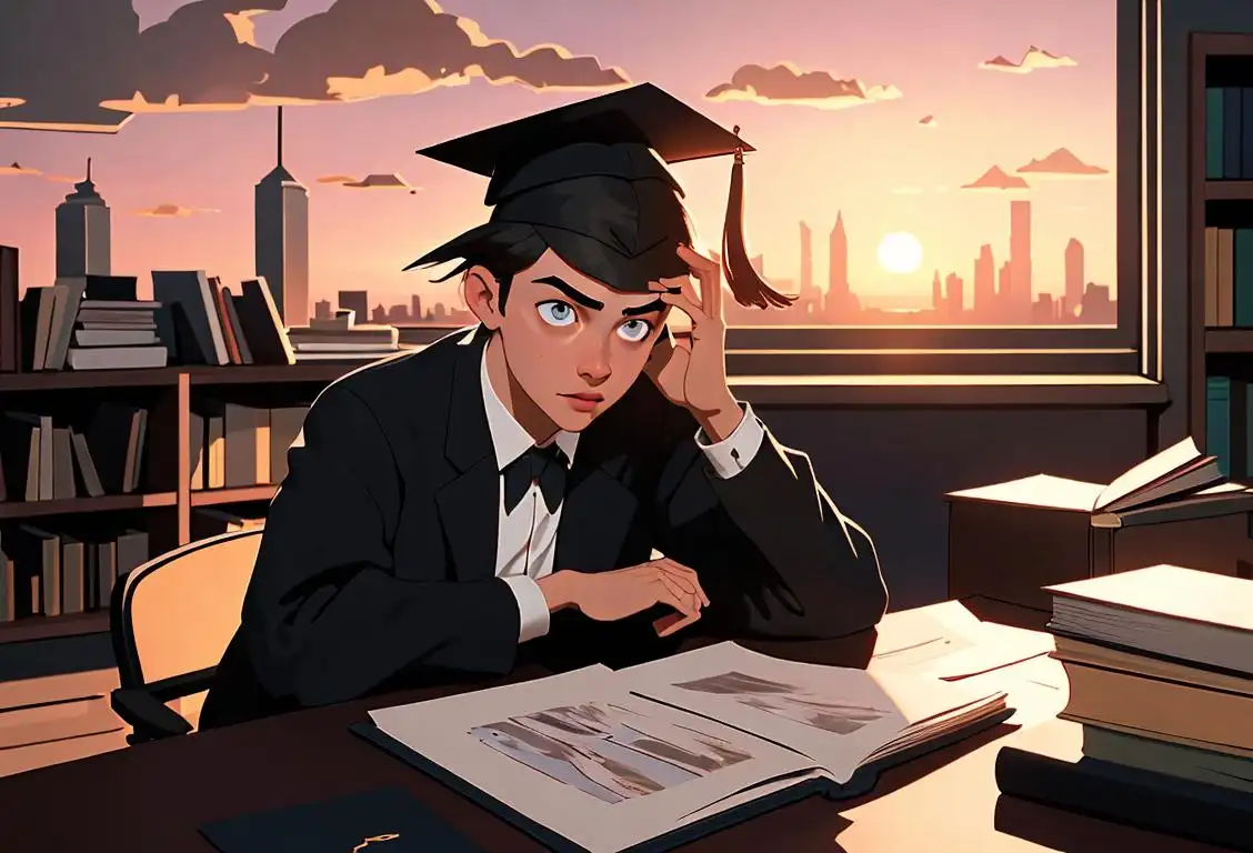 Genius-level procrastinator sitting at a desk, wearing a graduation cap, surrounded by books and creative excuses, with a sunset cityscape in the background..