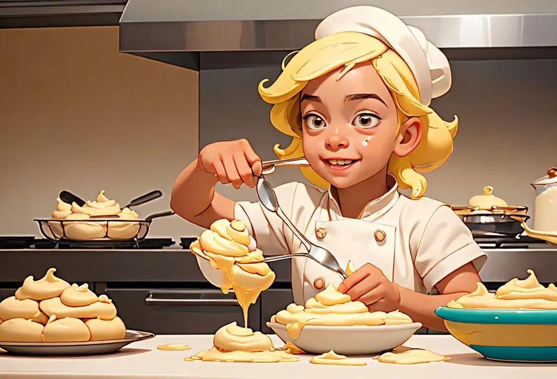Young child in a chef's hat, enthusiastically stirring a bowl of banana pudding, surrounded by colorful kitchen utensils and a sunny kitchen scene..