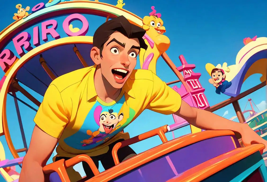Young man riding a roller coaster, wearing a colorful shirt, in a lively amusement park setting..