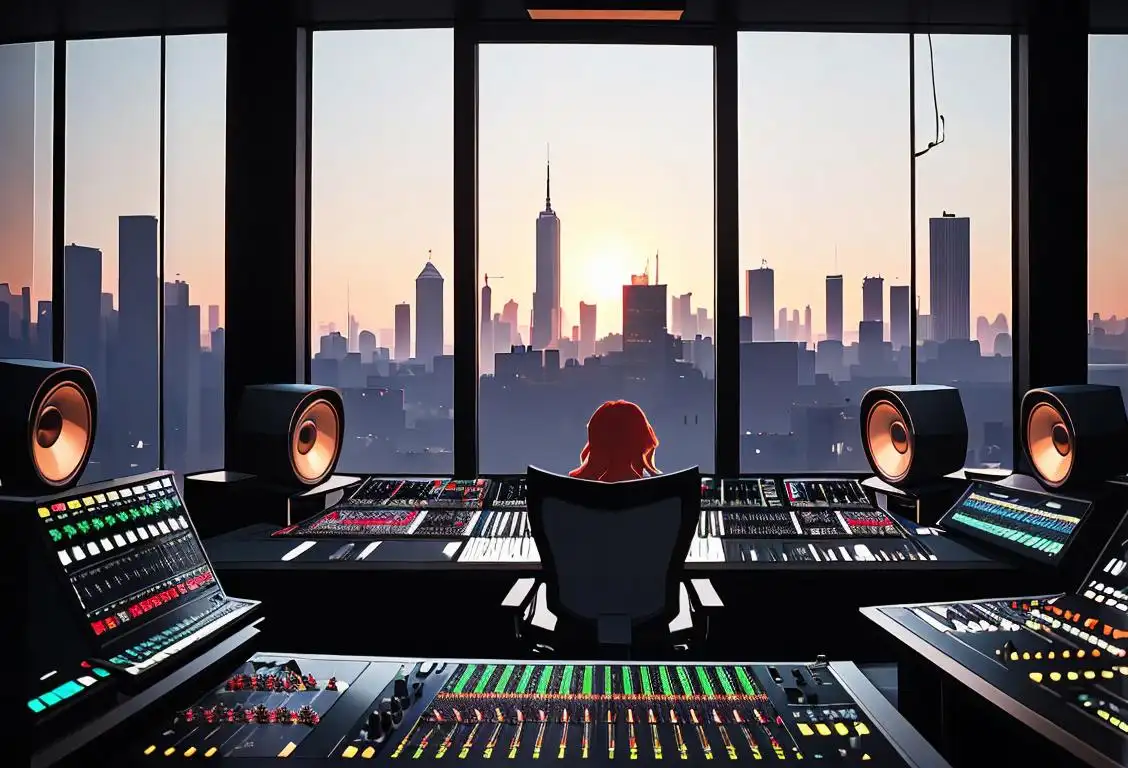 Group of diverse producers in a recording studio, wearing trendy attire, surrounded by state-of-the-art music equipment, international city skyline visible through the window..