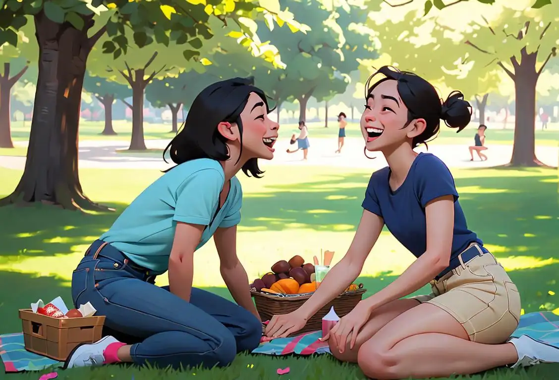 Two friends laughing and having a picnic in a park, wearing casual outfits and enjoying each other's company on National Friend Day..