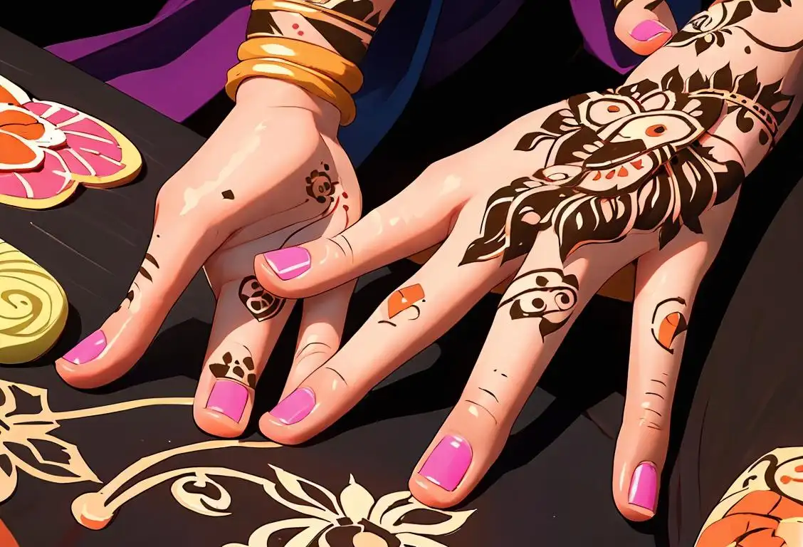 A close-up of beautifully intricate mehndi design on a woman's hand, capturing the colorful and artistic essence of National Mehndi Day. Celebrate with creativity and cultural appreciation!.