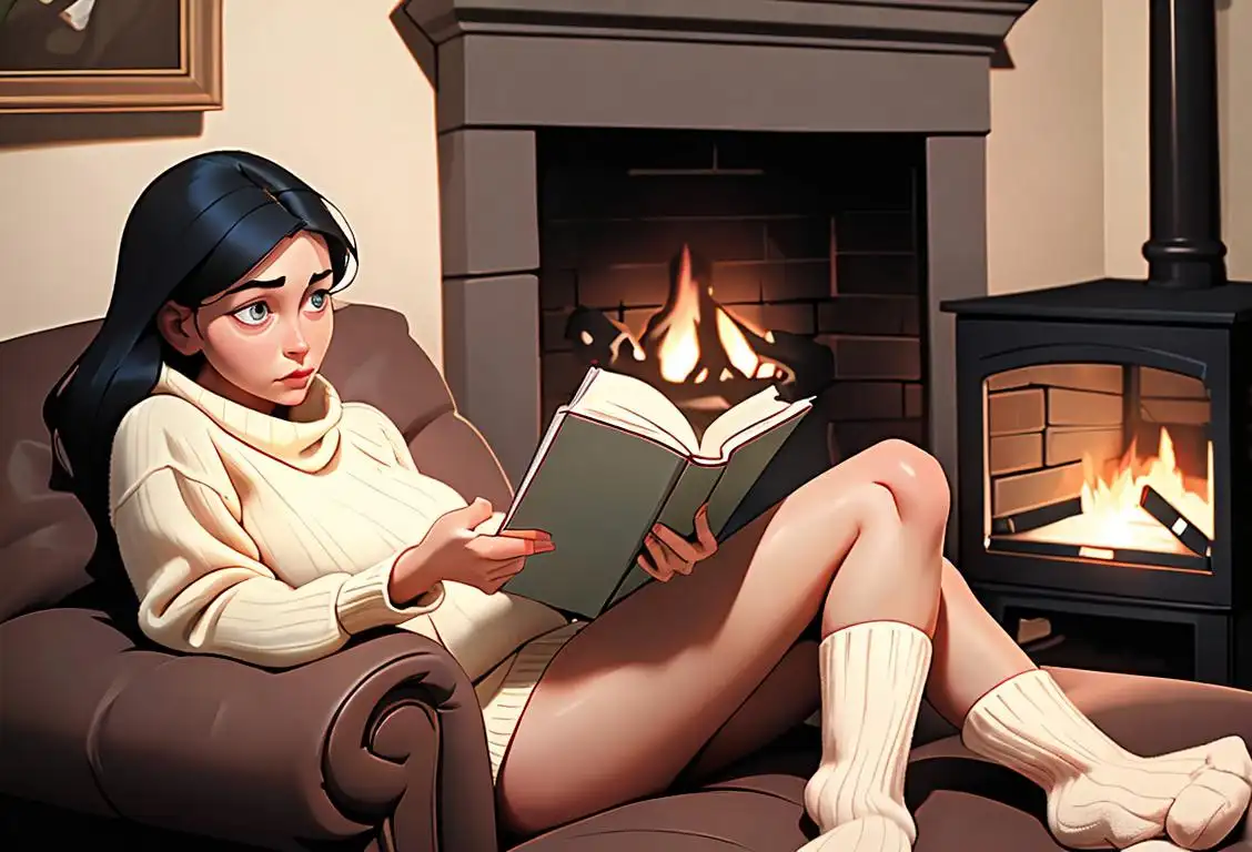 A cozy living room with a person wearing oversized sweater, fuzzy socks, and reading a book by the fireplace..