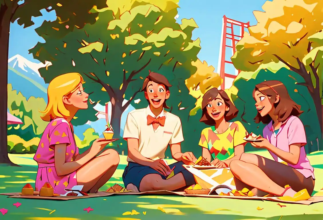 A group of diverse people enjoying a toblerone picnic on a sunny day, wearing colorful summer outfits, with a beautiful park setting..