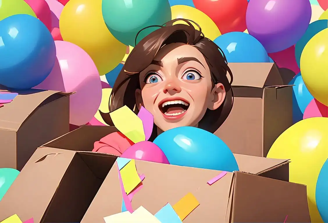 Joyful person, surrounded by cardboard boxes, excitedly unboxing various items, with colorful confetti flying in the air..