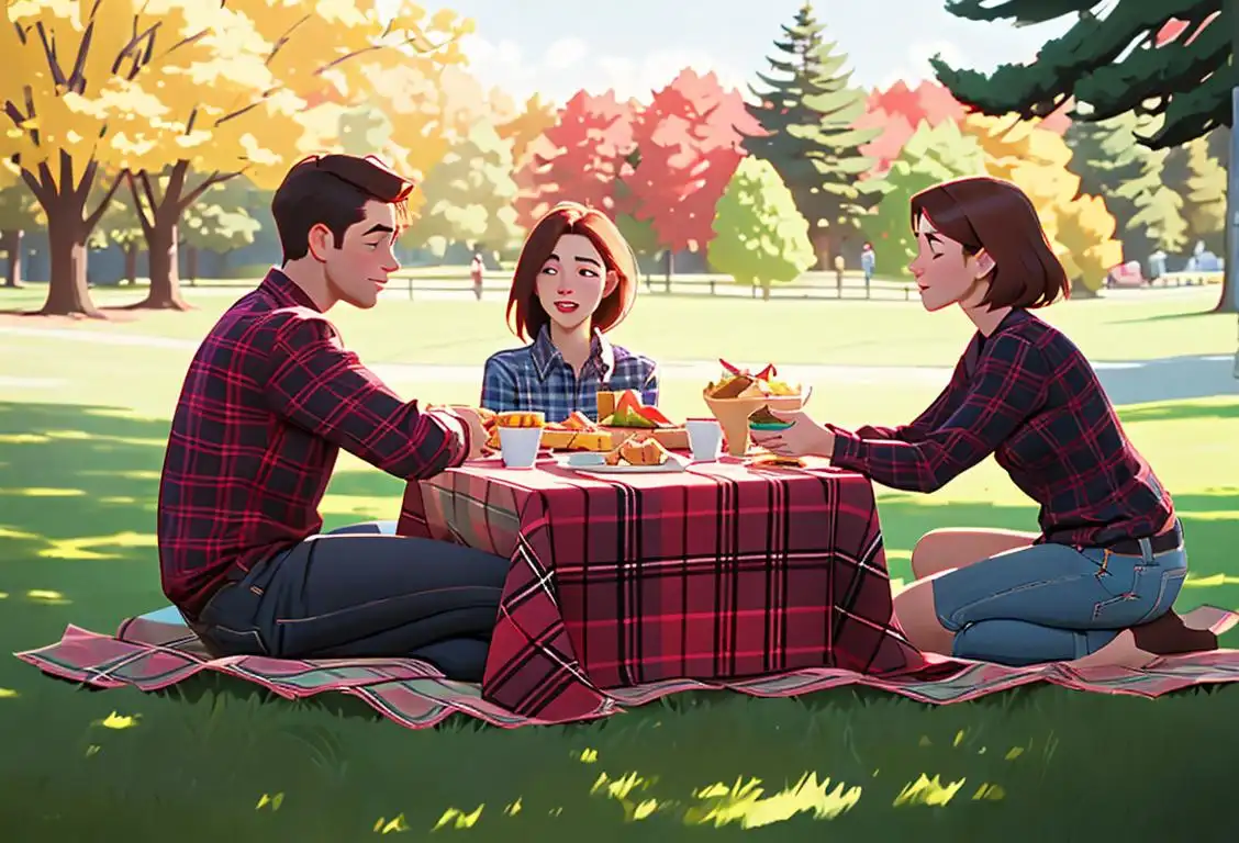 Young men and women wearing plaid shirts, enjoying a picnic in a picturesque autumn park.