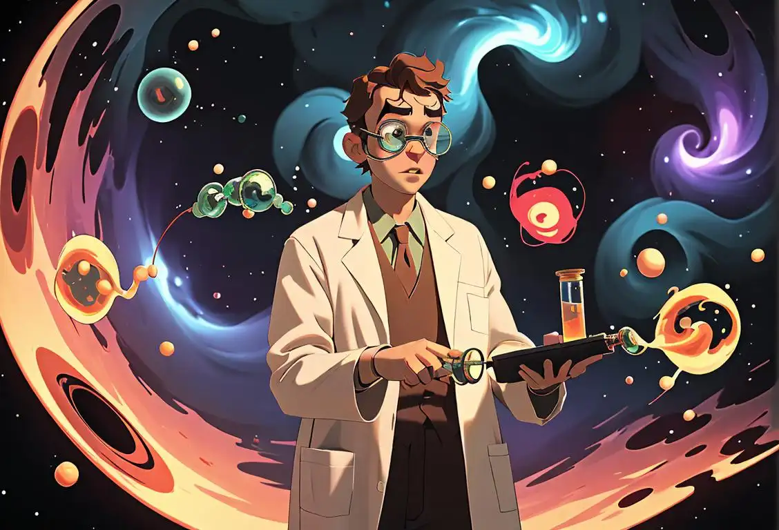 Scientist holding test tube, wearing lab coat and safety goggles, surrounded by glowing atoms and swirling galaxies..