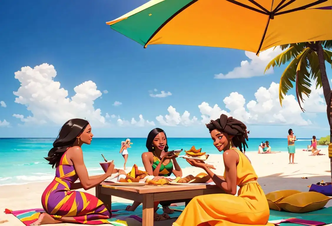 Happy diverse group of people enjoying Jamaican beef patties at a vibrant outdoor picnic, summer dresses, tropical beach setting..