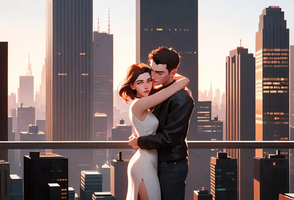 Tall person receiving a warm embrace, surrounded by skyscrapers, wearing trendy urban fashion, city skyline in the background..