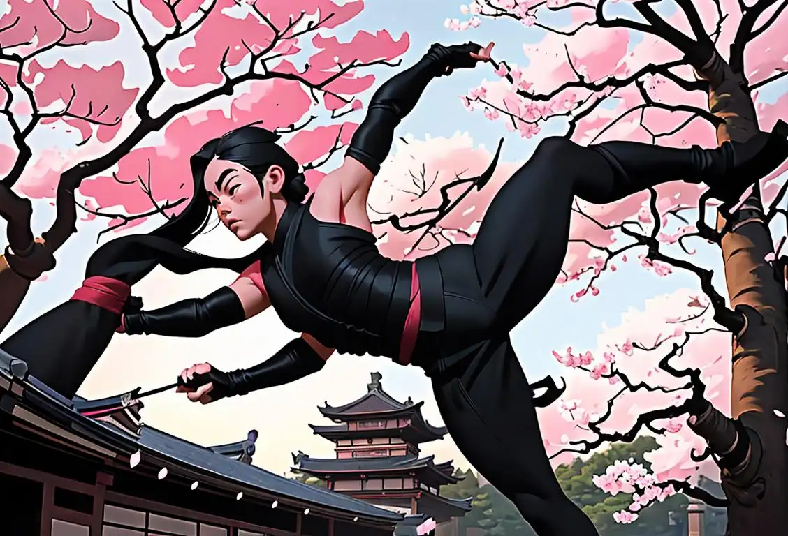 A ninja in a black outfit, performing a daring acrobatic move in a dimly lit ancient Japanese temple, surrounded by cherry blossom trees..