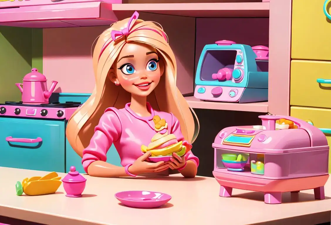 Cheerful child playing with Barbie dolls in a colorful blender-themed playset, surrounded by toy kitchen appliances and smiling parents in the background..