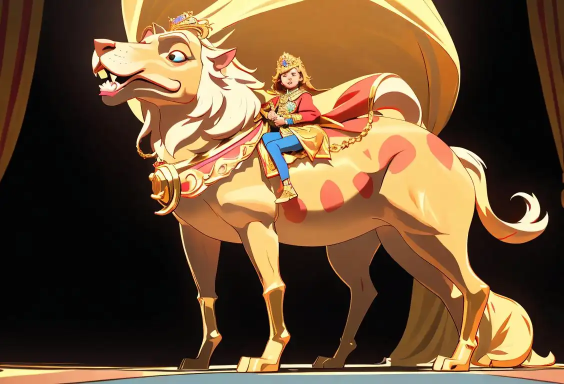 Young person in a regal lion costume, adorned with gold accessories, standing on a stage with a vibrant circus backdrop..