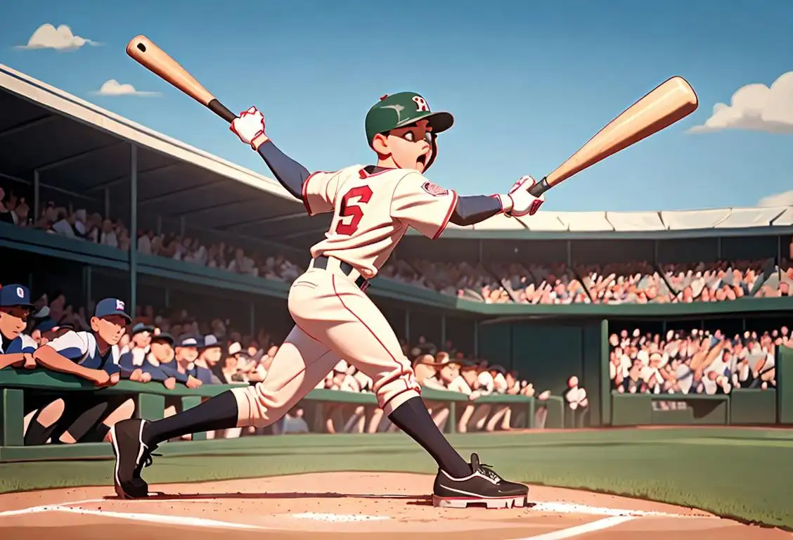 Young boy wearing a baseball cap, swinging a bat, outdoor field with cheering crowd in the background..