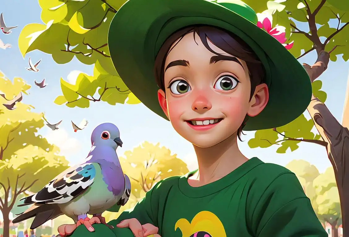 A picture of a smiling child holding a pigeon, wearing a colorful hat, in a park with lush green trees..