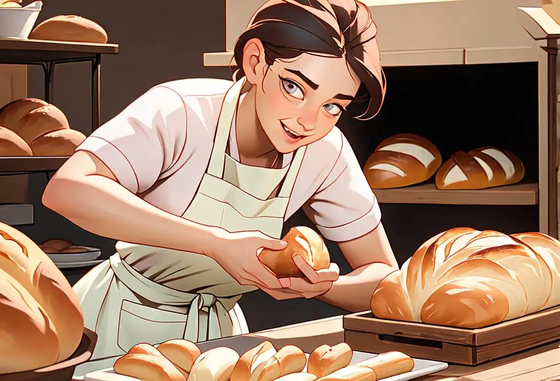 Cheerful baker in apron holding a freshly baked loaf of bread, surrounded by various bread types and a rustic bakery setting..