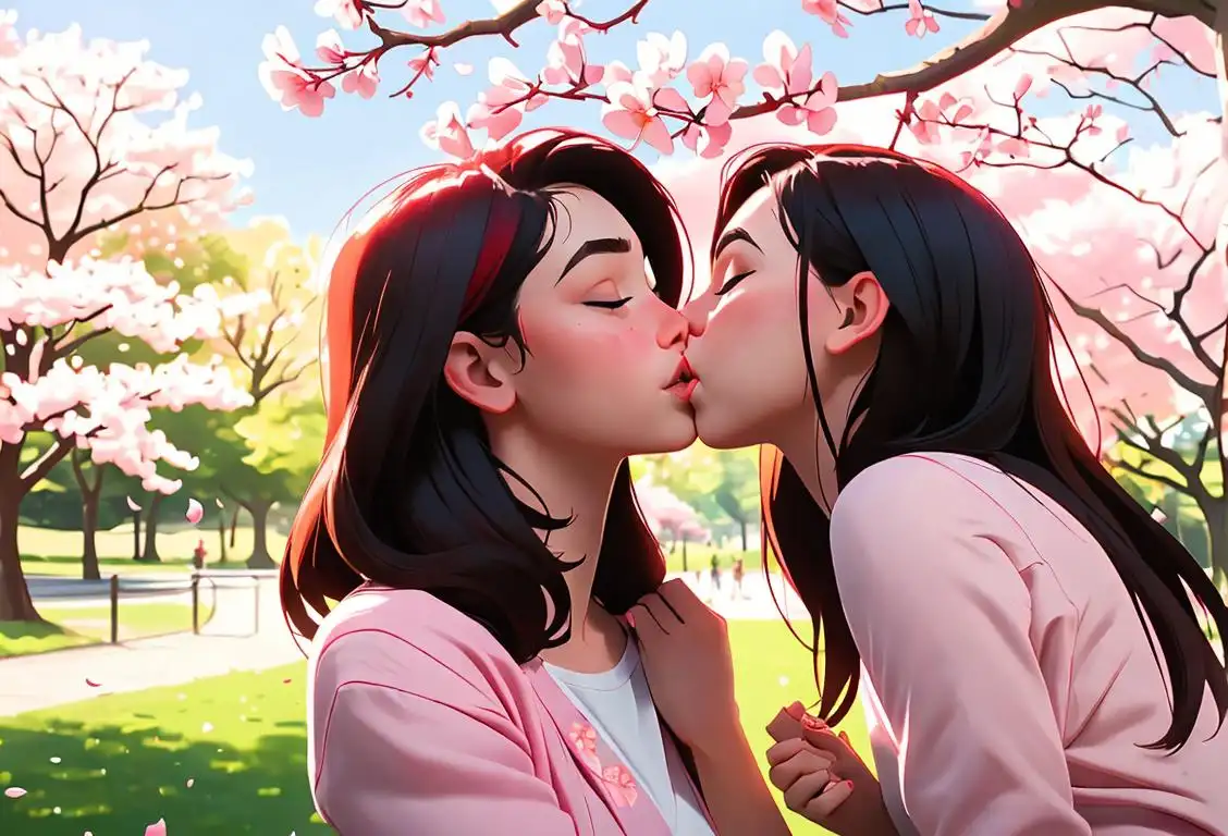 Young couple sharing a tender kiss under a blooming cherry blossom tree in a park, dressed in casual attire, embracing the spirit of National Free Kiss Day..