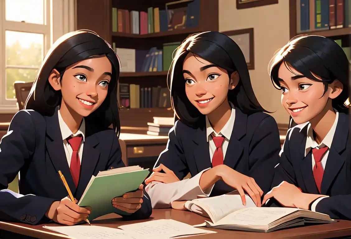 A group of diverse smiling students, dressed in school uniforms, sitting together in a cozy library setting..