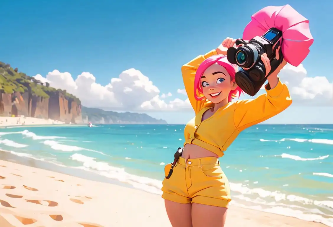 Cheerful person in beach attire, holding a camera, surrounded by vibrant scenery and confident smiles..