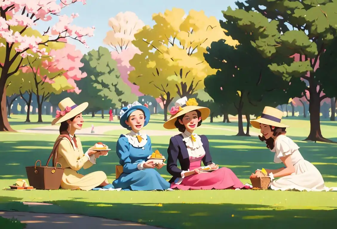 A group of people wearing bonnets of various colors and styles, enjoying a picnic in a beautiful park..