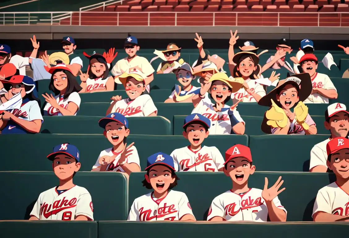 A group of baseball fans cheering in the stands, wearing their favorite team jerseys, waving foam fingers and holding signs..