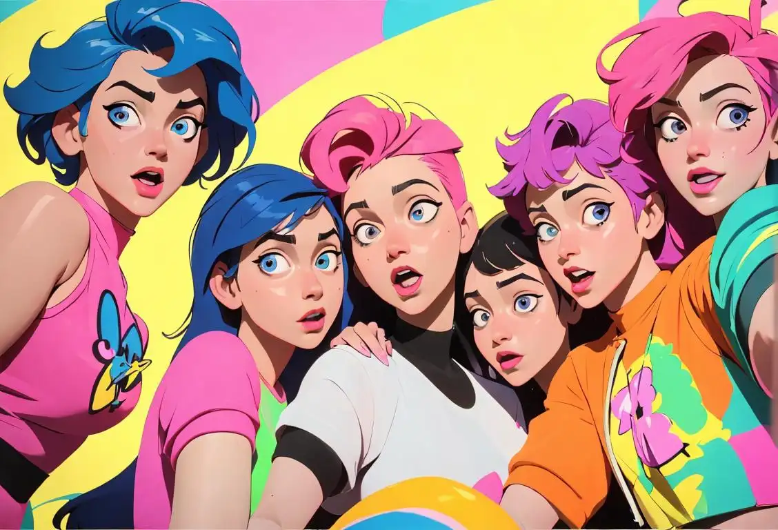 A group of friends in colorful, 80s-inspired outfits, striking fun poses in front of a vibrant mural, celebrating National AntiTwitter Selfie Day!.