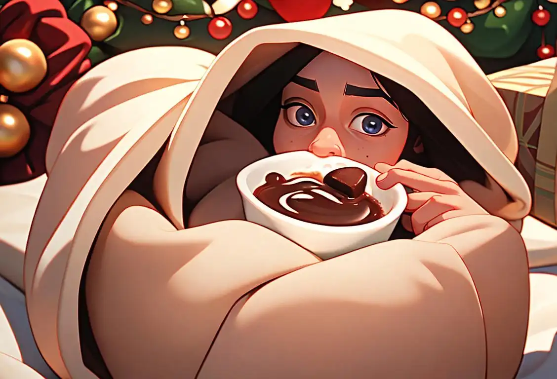 A cozy scene of someone sipping hot cocoa while wrapped in a warm blanket, surrounded by festive holiday decorations..