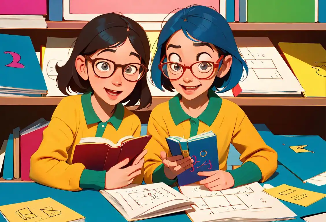 Wholesome image prompt for National Math Storytelling Day: Happy children surrounded by colorful books and numbers, wearing geeky glasses, school library scene..