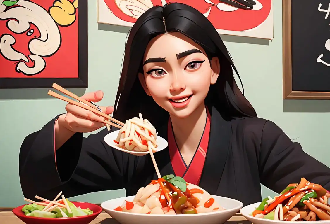 Happy person named Kim, enjoying a delicious meal with chopsticks, surrounded by vibrant Korean culture and traditional clothing..