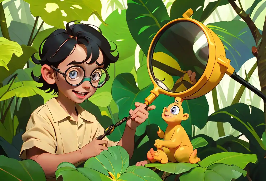 A child gleefully holding a magnifying glass, wearing scientist goggles, exploring a colorful tropical jungle..
