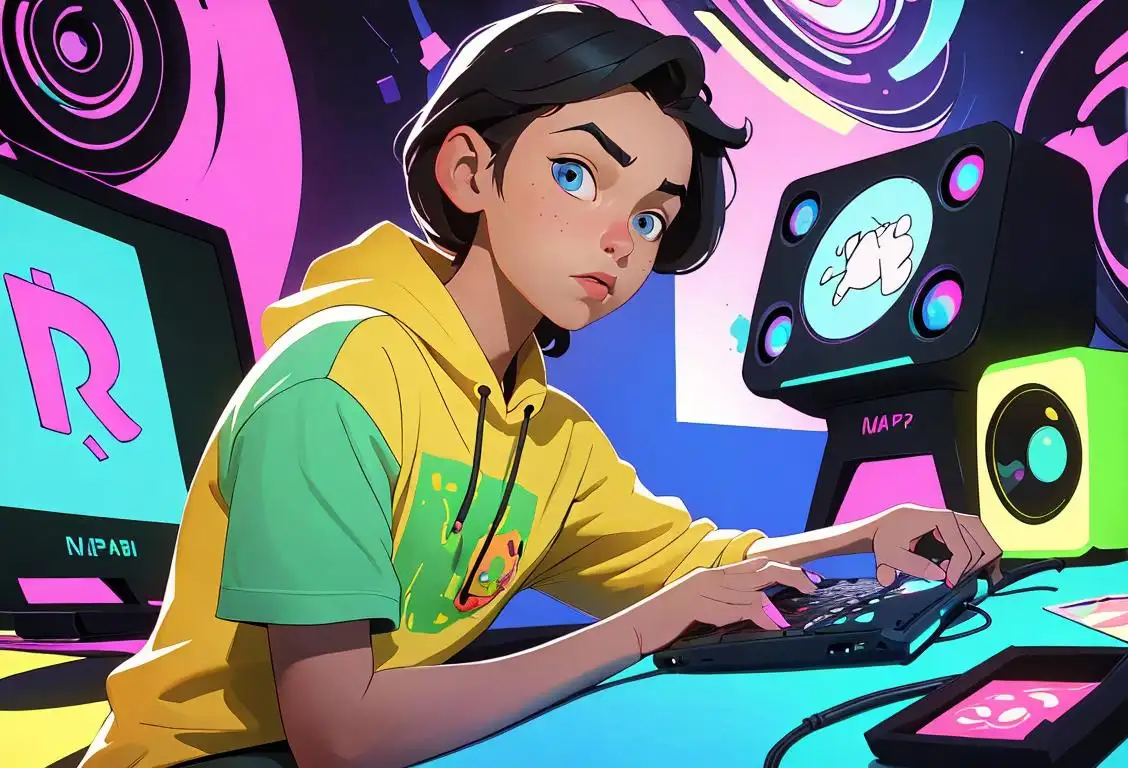 Young tech enthusiast in front of a computer, wearing a t-shirt with internet symbols, surrounded by colorful digital art and futuristic gadgets..