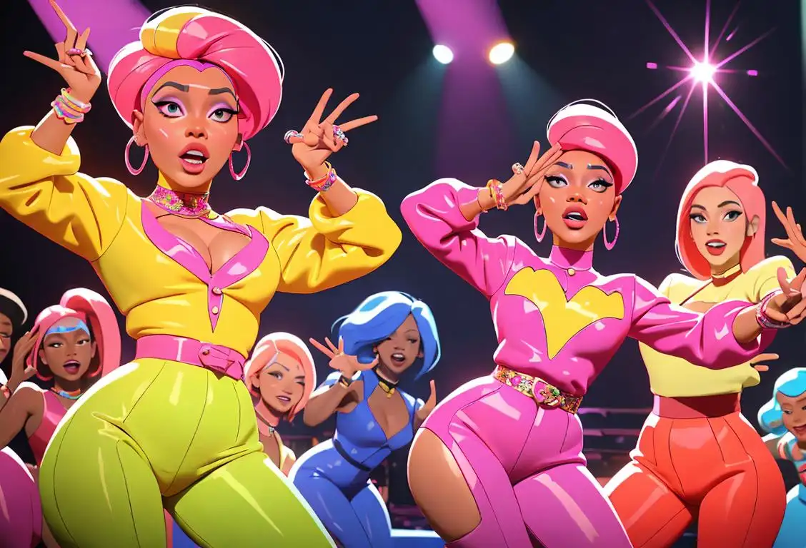 A joyful group of people celebrating National Nicki Day, dressed in vibrant outfits with colorful accessories, dancing and singing along to Nicki Minaj's music.