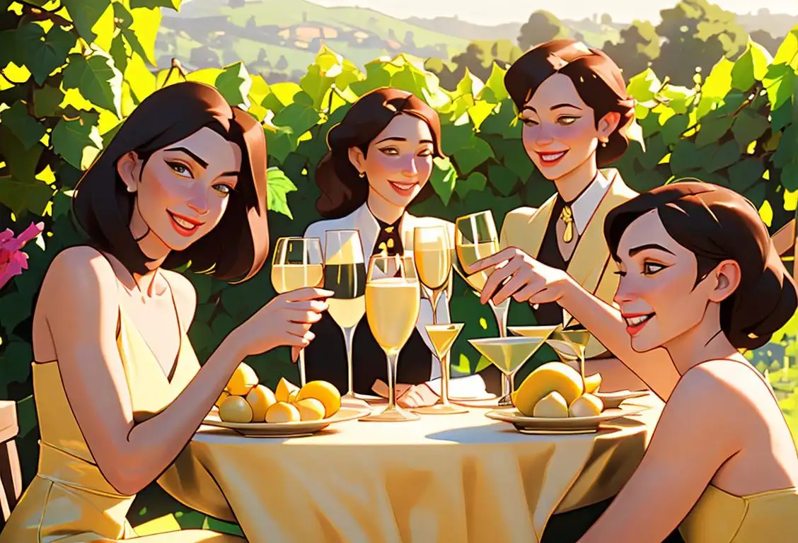 Joyful group of friends toasting with glasses filled with golden Chardonnay, dressed in elegant attire, surrounded by lush vineyards on a sunny day..