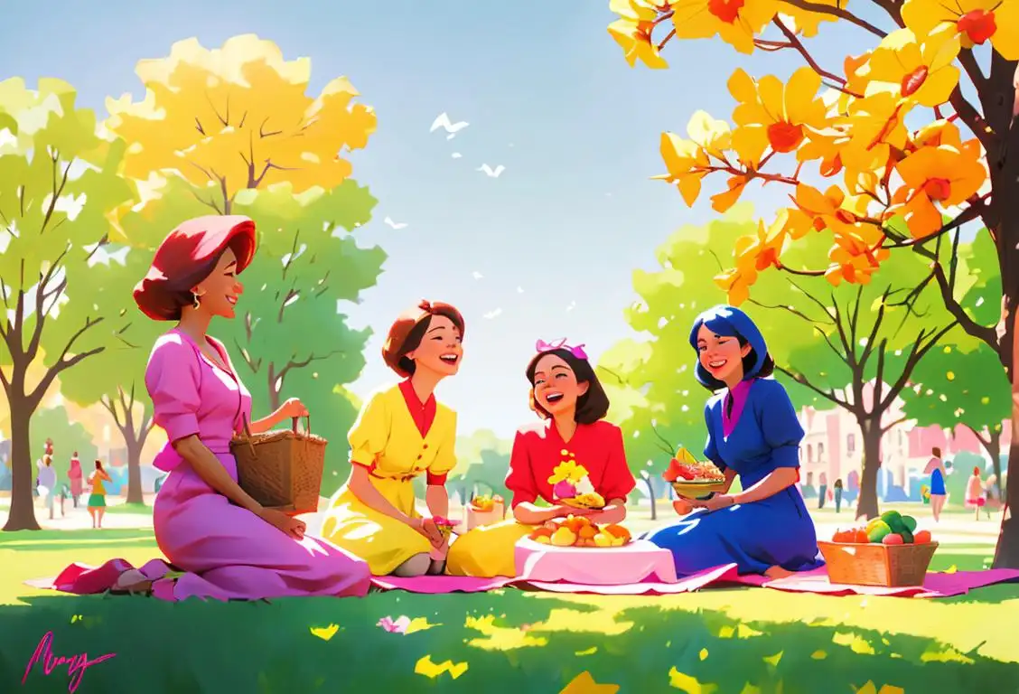 Cheerful group of diverse women named Mary, dressed in colorful clothes, sharing laughter and having a picnic in a sunny park..