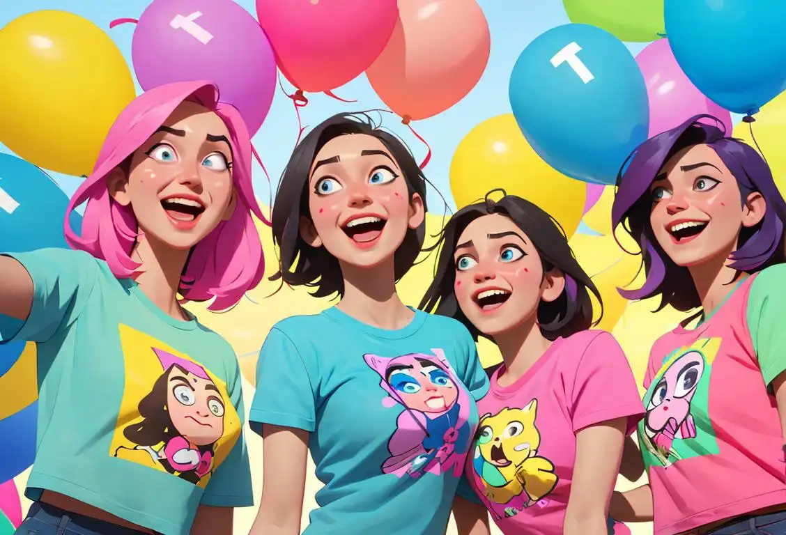 A cheerful group of friends wearing colorful t-shirts, laughing and holding banners with positive messages, surrounded by vibrant balloons and streamers..