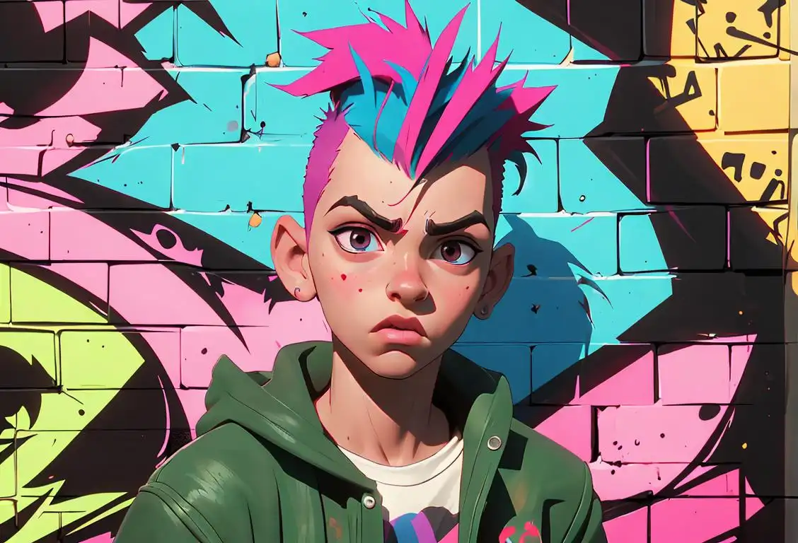 Succint image prompt with a young person proudly rocking a colorful mohawk and punk rock attire, graffiti-covered urban setting, rebellious attitude..