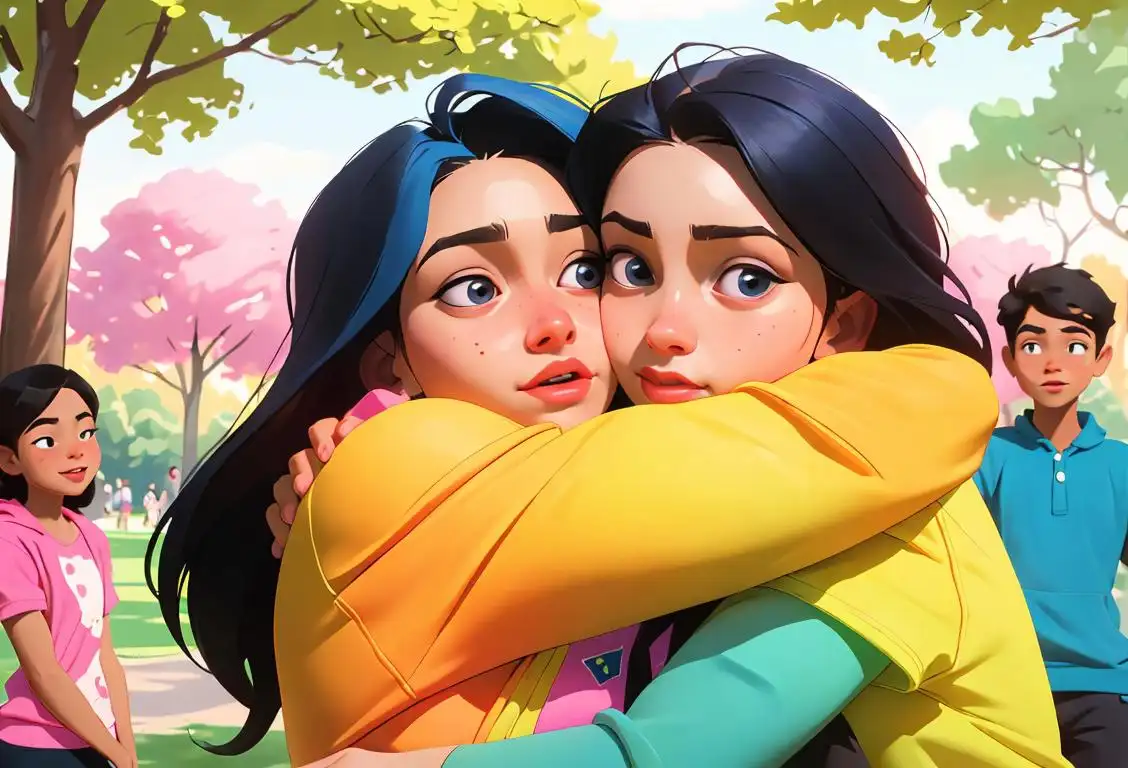 Young person giving a supportive hug, wearing bright colors and surrounded by a diverse group of friends in a park setting..